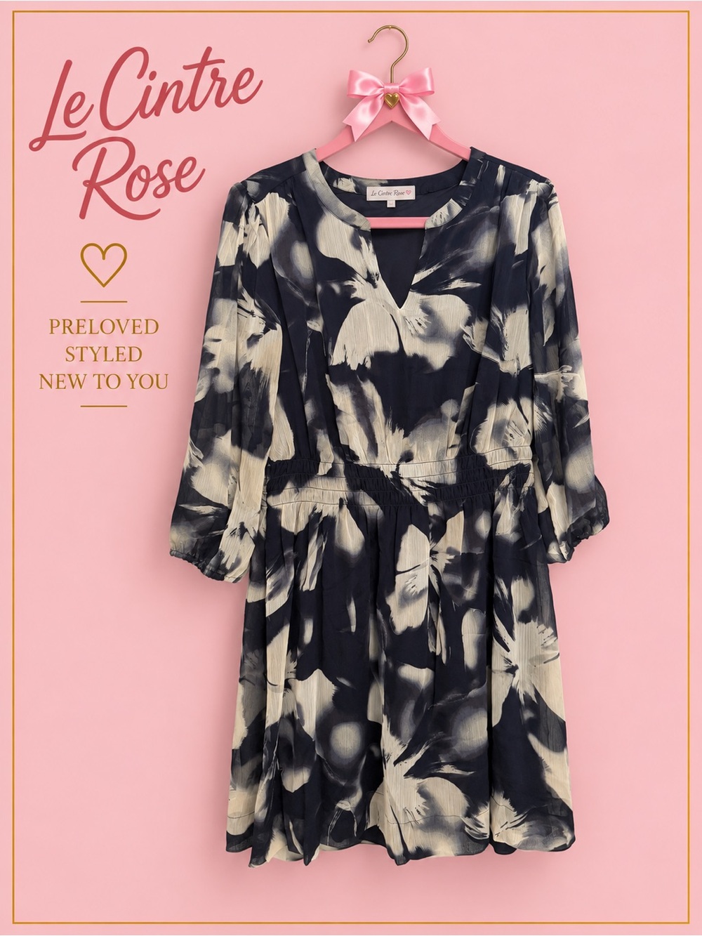 Simply Vera Vera Wang Navy and Cream Abstract Floral Long Sleeve Dress